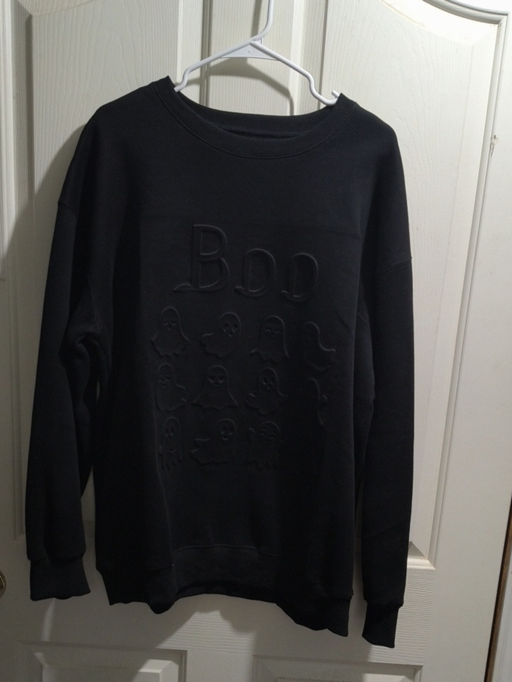 JK Designs Black Crewneck Sweatshirt with Embossed Ghost Motif